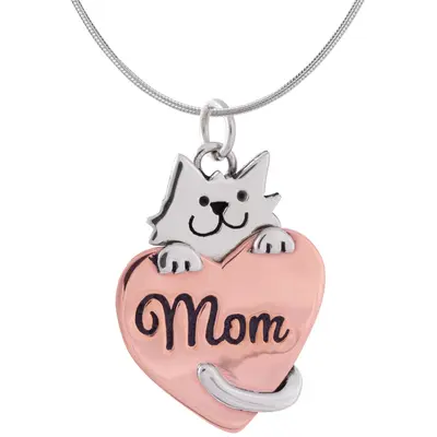 Cat Mom Copper Heart Necklace - with Rhodium Plated Chain