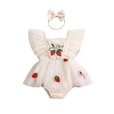 Newborn Baby Girl Strawberry Lace Romper Dress Flying Sleeve Tulle Skirt Bodysuit Headband Infant Summer Outfit