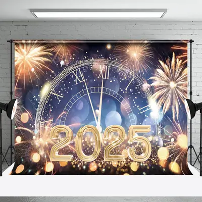 Aperturee Clock Gold Sparkle Bokeh 2025 Happy New Year Backdrop - Aperturee