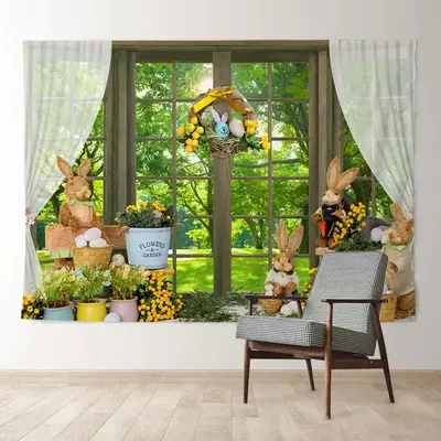 Aperturee Spring Backyard Floral Rabbit Easter Day Backdrop
