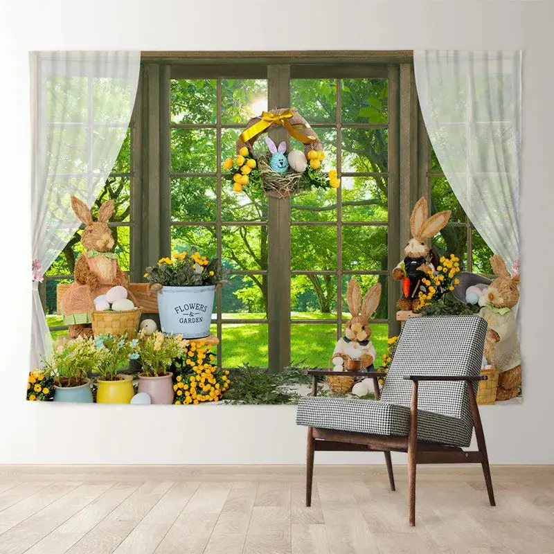 Aperturee Spring Backyard Floral Rabbit Easter Day Backdrop