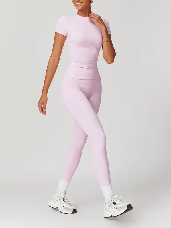 Women's Plain Round Neck Crop Tee & High Waist Leggings Tracksuit Set, Sport Breathable Quick Drying Short Sleeve T-Shirt & S...