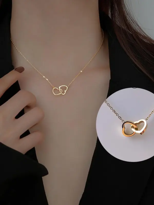 Versatile Double Hollow out Heart Pendant Necklace for Gift, Stainless Steel Chain Necklace Jewelry for Party, Trendy Teen Gi...