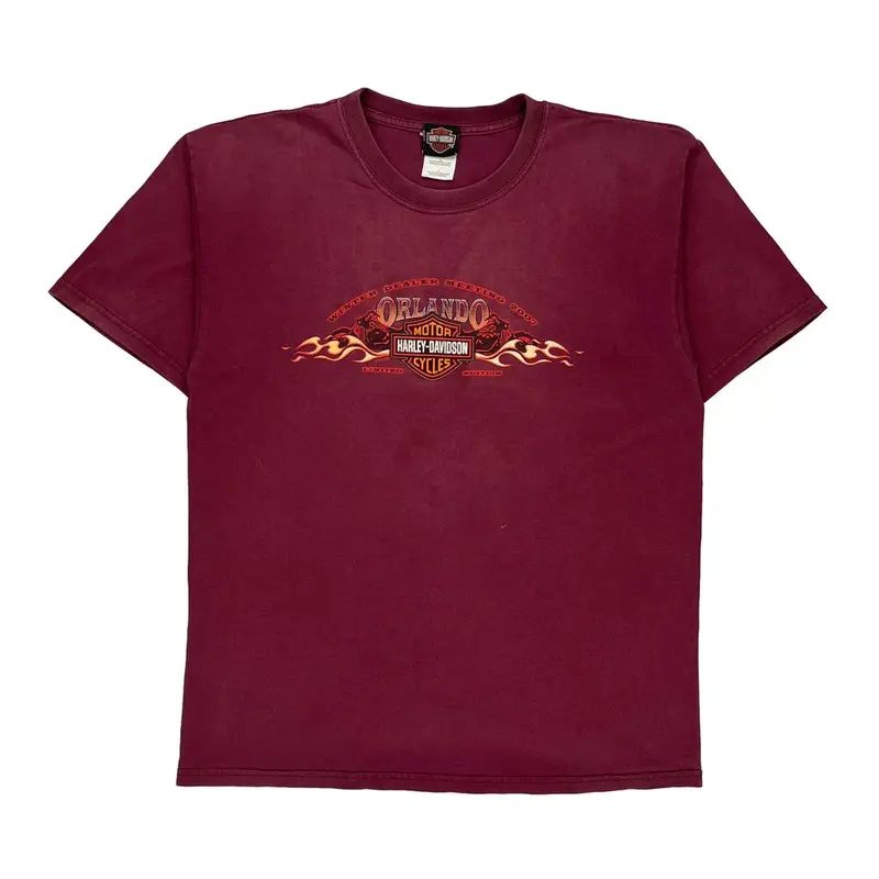 Harley Davidson Graphic T-Shirt - Large Burgundy Cotton