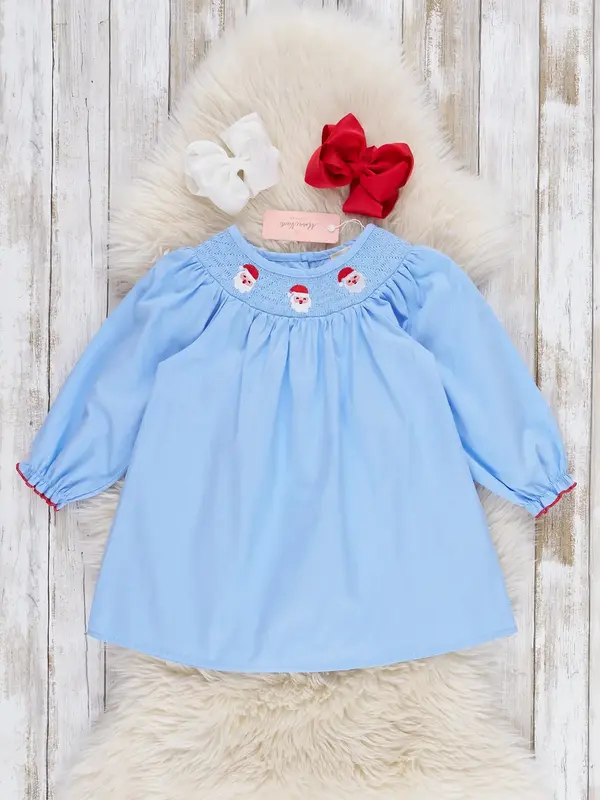 Blue Chambray Smocked Santas Ruffle Dress