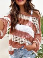 Women's Striped Print Hollow Out Sheer Crochet Sweater, Casual Breathable Long Sleeve Boat Neck Jumper for Spring & Fall, Kni...