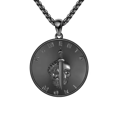 Sterling Silver with Black Rhodium Color Tree Of Life Skull Coin Pendant Necklace for Men