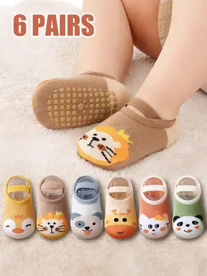 6 Pairs Kids Socks, Baby Toddler Non-Slip Indoor Floor Socks, Cartoon Animal Design, Unisex Children Anti-Skid Socks for Boys...