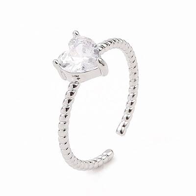 Clear Cubic Zirconia Heart Open Cuff Ring