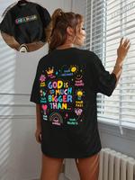Women's Plain/Cartoon Letter Print Drop Shoulder Tee, Casual Half Sleeve Round Neck T-shirt for Daily Wear, Ladies Clothes fo...