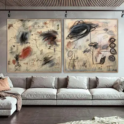 Abstract Oil Painting Canvas Beige Wall Art Neutral Artwork Diptych Painting Contemporary Wall Art Commission Painting | FUTU...