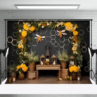 Floral Bee Honeycomb Birthday Cake Smash Backdrop - Aperturee