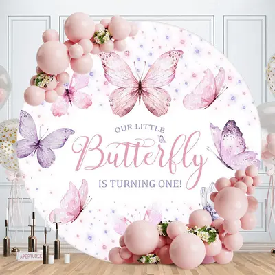 Pink Purple Butterflies Round 1St Birthday Backdrop - Aperturee
