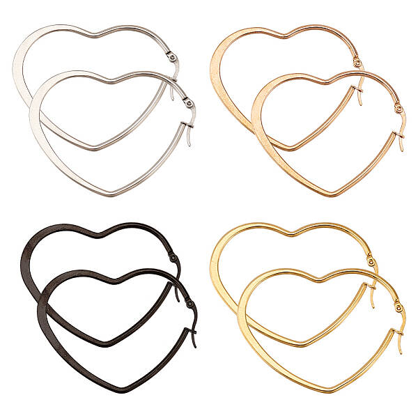 4 Pairs 4 Colors Stainless Steel Heart Hoop Earrings for Women