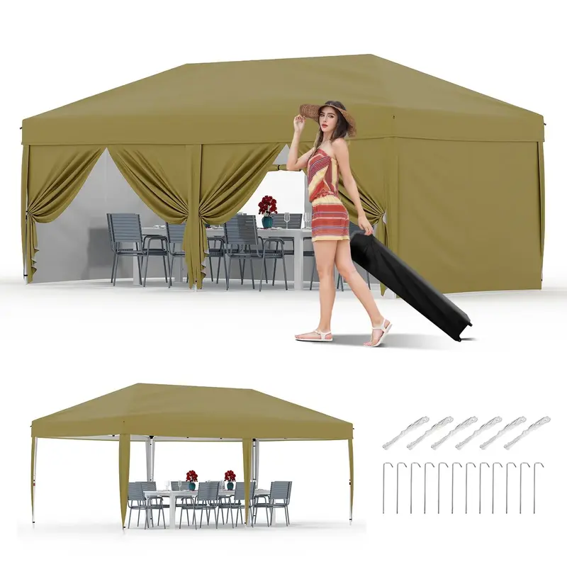 Garvee 10x20 Pop-Up Canopy Tent, 200 Sq Ft Shade, One-Push Setup, 210D Oxford Fabric, 6 Sidewalls, Steel Frame, Portable Roll...