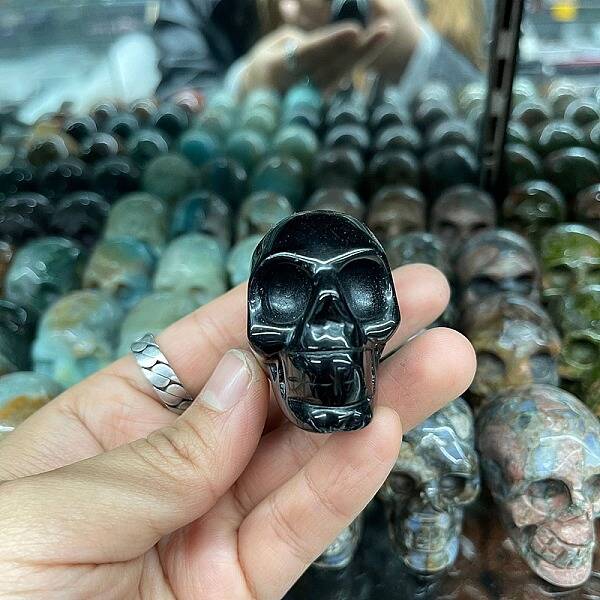 Natural Obsidian Halloween Skull Figurine Display Decorations