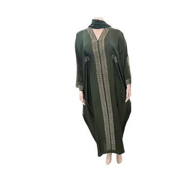 Colored Abaya - Green Batwing Sleeve Long Modest Blingy Abaya with Inner Belt & Scarf for All Seasons