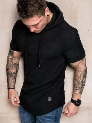 Men's Regular Fit Plain Drawstring Hooded Tee, Summer Clothes, Summer Outfits, Casual Short Sleeve T-shirt for Summer, Street...