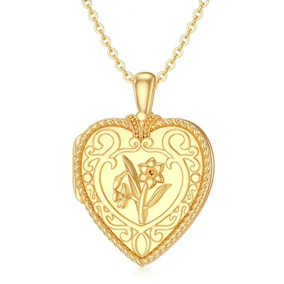 10K Gold Daffodil & Heart Personalized Photo Locket Necklace