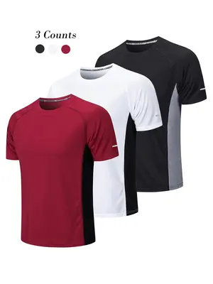 Men's Patchwork Round Neck Sports Tee, Loose Breathable Quick Drying Short Sleeve T-shirt, Men's Summer Top for Exercise Work...