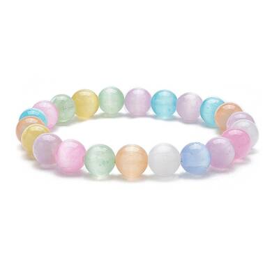 Dyed Natural Selenite Round Beaded Stretch Bracelet