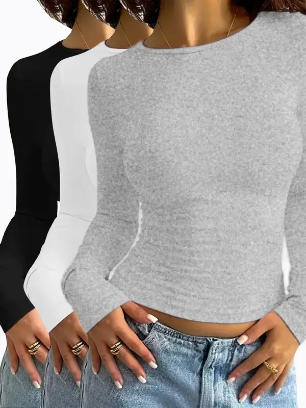 Women's Solid Long Sleeves Round Neck Tee, Casual Basic Style T-shirt for Daily Wear, Ladies Slim Fit Clothes for All Seasons...