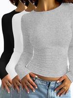 Women's Solid Long Sleeve Round Neck Tee, Casual Basic T-shirt for Daily Wear, Ladies Clothes for All Seasons, Cute Tops, Wom...