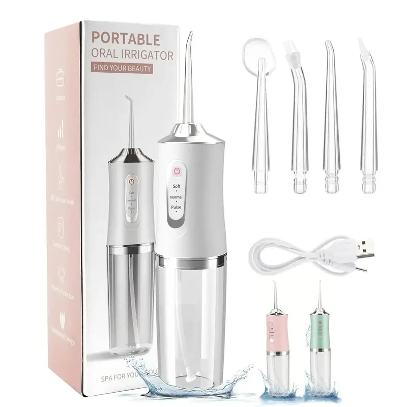 Rechargeable Water Flosser, 1 Box Portable Oral Irrigator with 4 Nozzles, Waterproof Teeth Cleaner, Electric Teeth Cleaner, D...