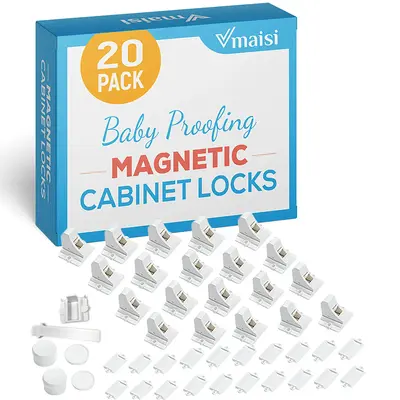 Vmaisi Baby Proofing Magnetic Cabinet Locks 20 Pack with 2 Keys Adhesive for Kitchen Drawers & Cabinets Invisible from Outsid...