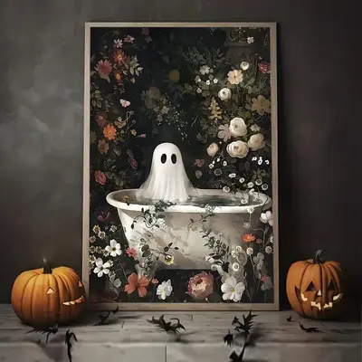 Halloween Bathroom Ghost Pattern Unframed Canvas Painting, 1 Count Modern Style Wall Art, Wall Decor for Home Living Room Bed...