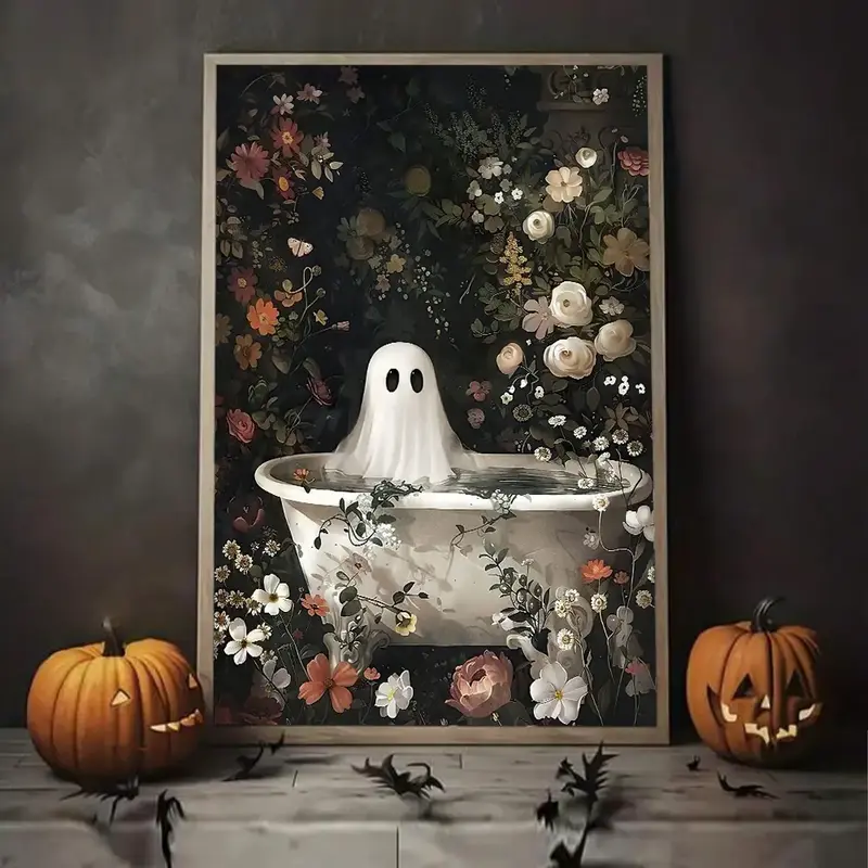 Halloween Bathroom Ghost Pattern Unframed Canvas Painting, 1 Count Modern Style Wall Art, Wall Decor for Home Living Room Bed...