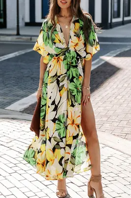 Women's Floral Print Split Thigh Long Dress, Boho Deep V Neck Batwing Sleeve A Line Sundress, Dresses for Women, Summer Dre...