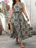 【Plus Size】 Floral Print Belted Cami Dress, Boho Fashion Casual Sleeveless Dress for Daily Holiday Vacation Wear, Women P...