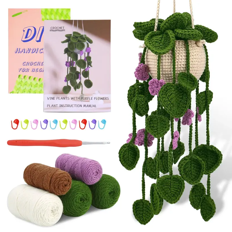 Crochet Kit, 1 Set Hanging Potted Plants Crochet Starter Kit with Step-by-step Video Tutorials Complete Crochet Kit (Purple F...