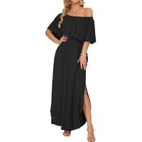 AUSELILY Womens Off The Shoulder Dress Summer Casual Long Ruffle Party Side Split Beach Maxi Dresses with Pockets
