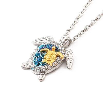 Aquamarine Rhinestone Sea Turtles Pendant Necklace for Women