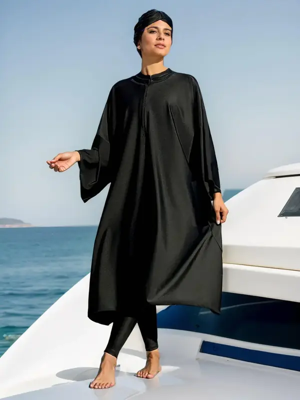 Women's Solid One-piece Swimsuit & Long Sleeve Zip Open Front Abaya & Cap Islamic Swimwear Set, Modest Casual Swimsuit for Be...