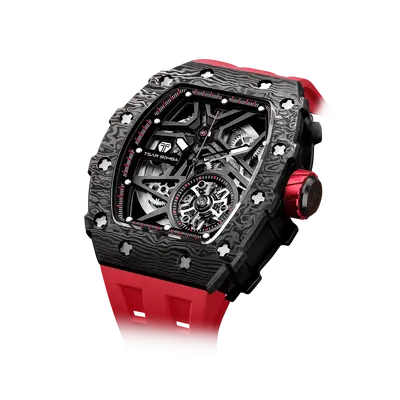 TSAR BOMBA Men's Luxury Tonneau Mechanical Sport Watch | Carbon Fiber Watch | Black Red | Elemental TB8209CF | Japanese Autom...