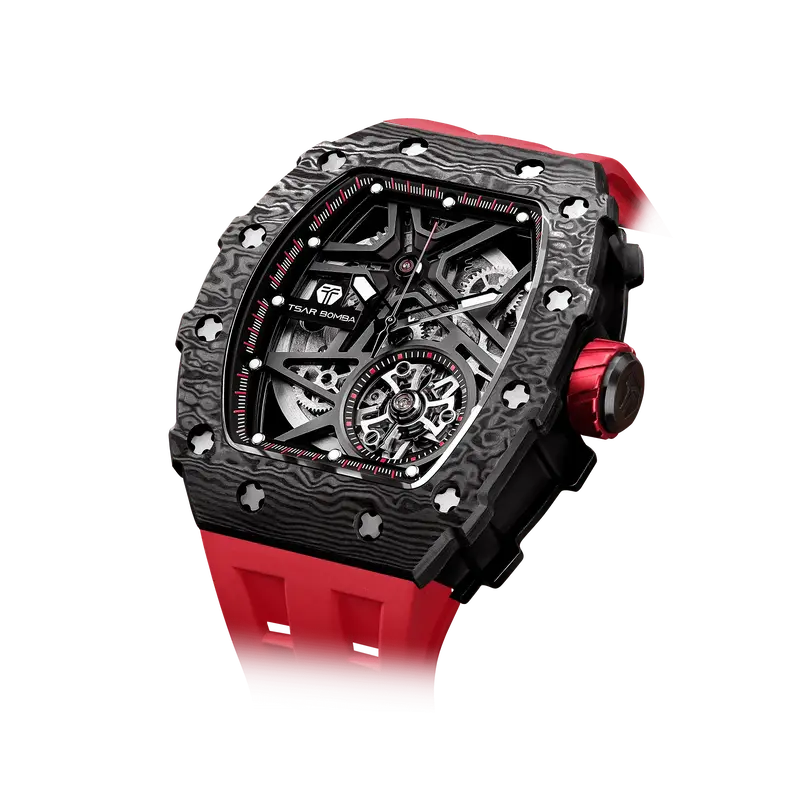 TSAR BOMBA Men's Luxury Tonneau Mechanical Sport Watch | Carbon Fiber Watch | Black Red | Elemental TB8209CF | Japanese Autom...