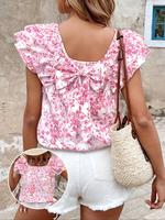 Women's Floral Print Bowknot Back Blouse, Casual Soft Sleeveless Bohemian Butterfly Sleeve Top for Summer, Boho Women's Cloth...