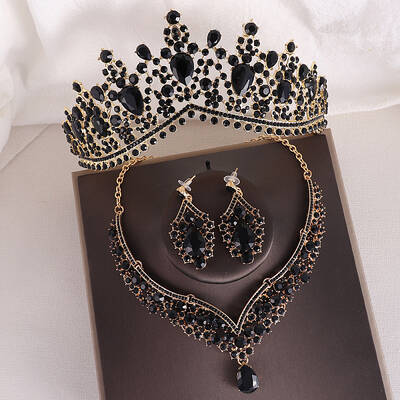 Teardrop Alloy Rhinestone Pendant Necklaces & Stud Dangle Earrings & Crown Hair Band Sets