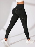 Women's Solid Color Flap Pocket Design High Waist Sports Leggings, High Stretch Casual Comfy Breathable Butt Lifting Skinny P...
