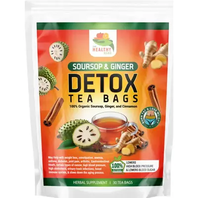 The Healthy Hand Soursop & Ginger Detox Tea Bags - 100% Organic Herbal Supplement with Cinnamon - 30 Tea Bags - US Product