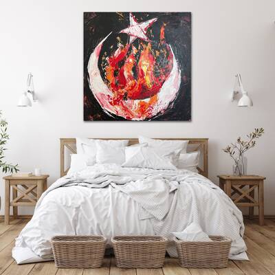 Abstract Crescent and Star Acrylic Painting Support of the Turkish People Red Wall Art for Bedroom | WHITE CRESCENT