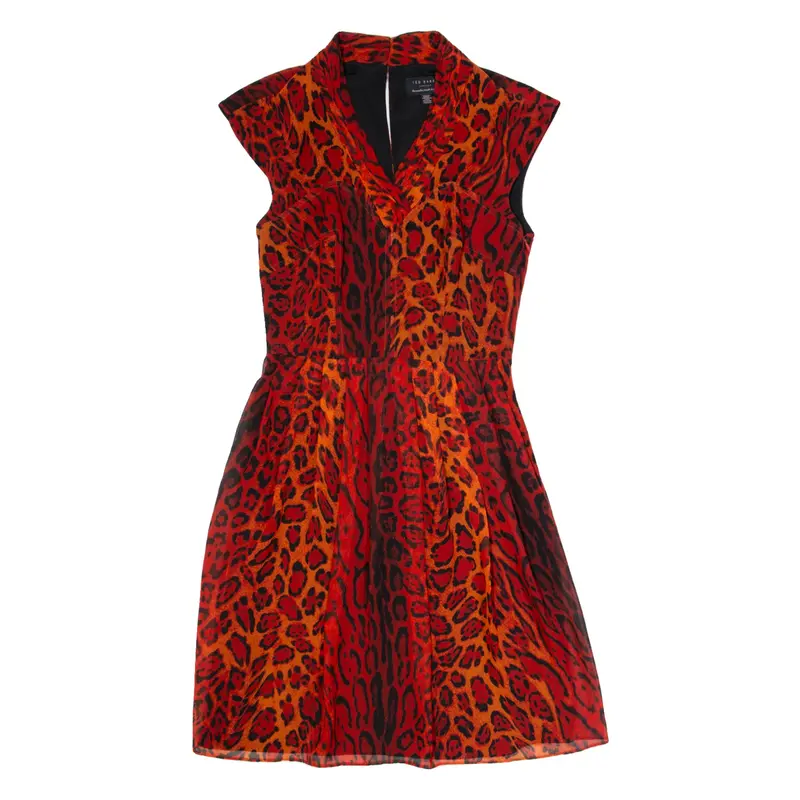 TED BAKER Womens Fit & Flare Dress Red Animal Print Sleeveless Knee Length XS