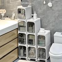 UFORU 4-Tier Tall Narrow Storage Cabinet, Plastic Slim Storage Organizer with Doors and Adjustable Shelves, Wheels, Stackable...