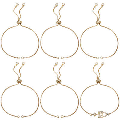 6Pcs Brass Box Chains Slider Bracelet Making with Clear Cubic Zirconia Tiny Charms
