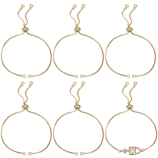 6Pcs Brass Box Chains Slider Bracelet Making with Clear Cubic Zirconia Tiny Charms
