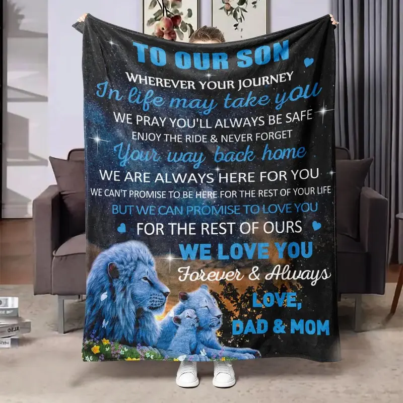 Christmas Lion & Letter Print Flannel Blanket, 1 Count Soft Warm Throw Blanket, Creative Blankets Gift for Son, Bedroom Acces...