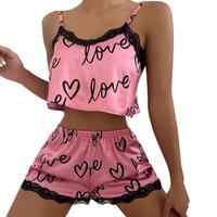 Summer Fashionable Home Wear Set - 2 PCS Set with Cute Printed Pajamas, Lace Patchwork Halter Suit & Baby Pink Spaghetti Stra...